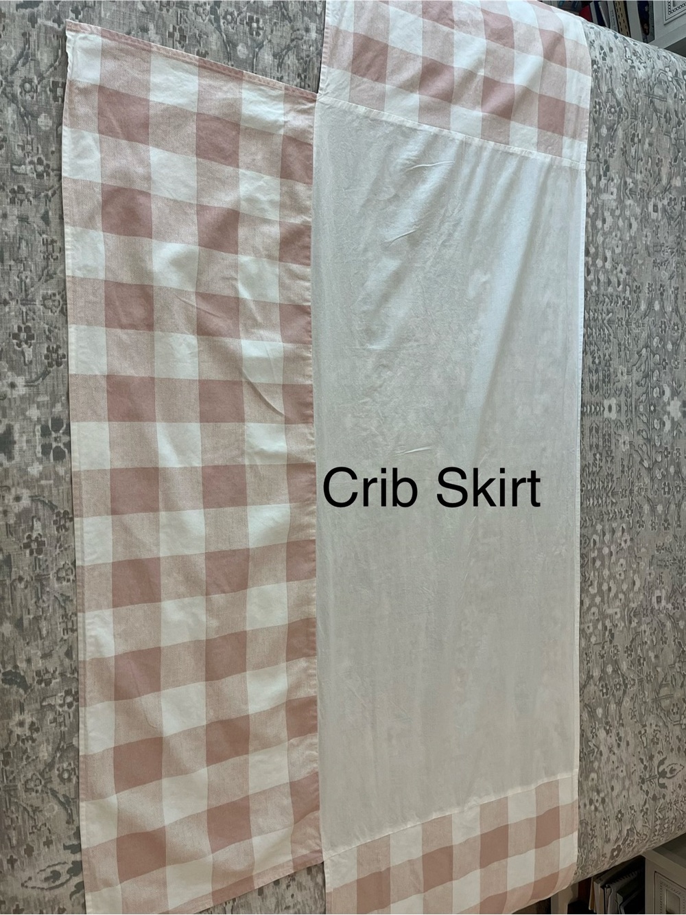White and Blush Buffalo Check Crib Skirt and rail cover